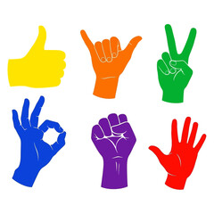 Fototapeta premium Colorful Hand Gestures Icons: Thumbs Up, OK, Peace, Shaka, Fist, Open Palm