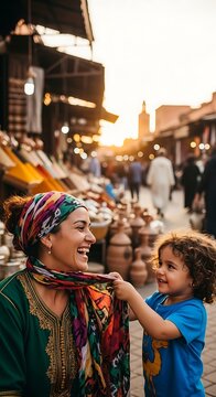 A joyful mother and her young son laughing together in a bustling Moroccan souk at sunset.