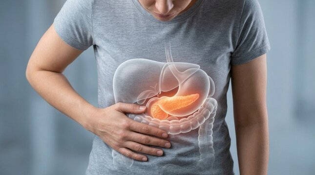 Close-up of a person holding their abdomen, highlighting the pancreas