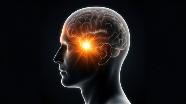 Human brain with bright light radiating from the temporal lobe area