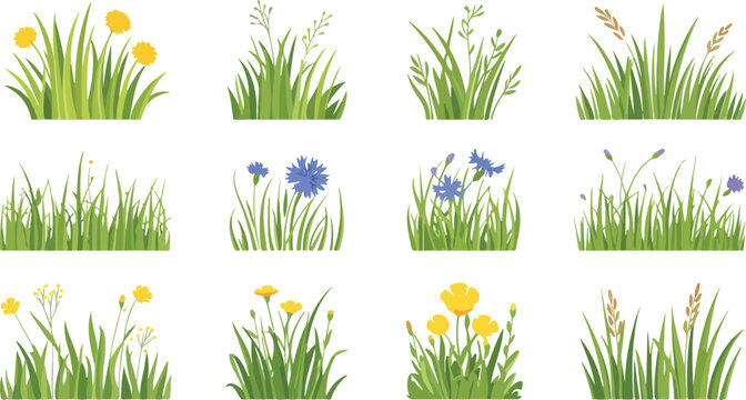 Minimalist grass and wildflower illustration set of twelve botanical patches arranged in clean 3x4 grid natural meadow style
