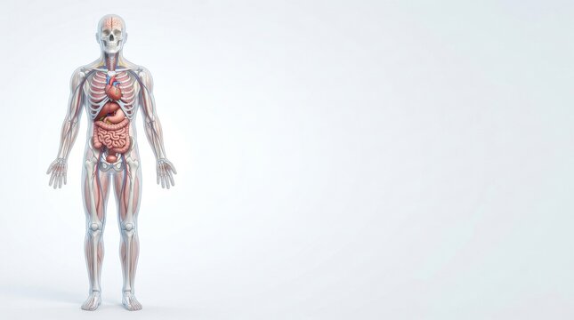 Anatomical illustration of the human body's skeletal and organ systems