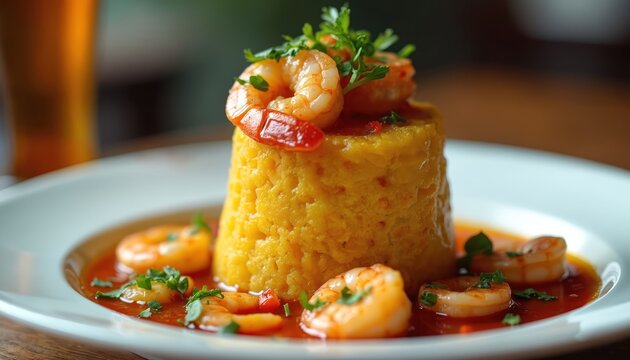 Shrimp mofongo dish plated tall on white dish with parsley garnish. Savory Puerto Rican food served in rich garlic sauce with juicy seafood on the side.