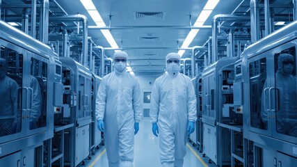 Fototapeta premium Two Male Technicians in Cleanroom Suits Working in High-Tech Facility