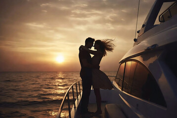 Obraz premium A couple embraces on a yacht at sunset.