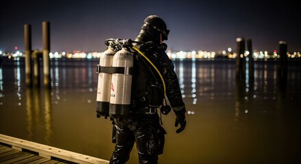 Naklejka premium Nighttime Diver in Full Gear with Scuba Tanks Preparing to Enter Water for Underwater Exploration