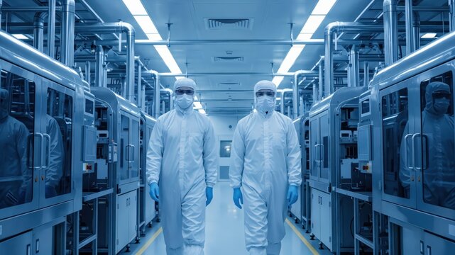 Two Male Technicians in Cleanroom Suits Working in High-Tech Facility