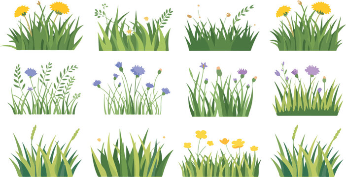 Minimalist grass and wildflower illustration set of twelve botanical patches arranged in clean 3x4 grid natural meadow style