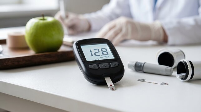 Doctor monitors blood glucose levels with a meter and healthy apple on desk