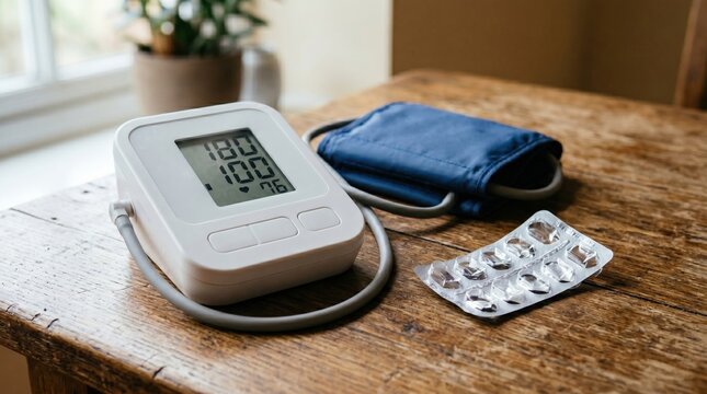 Digital blood pressure monitor and empty pill blister pack on wooden table