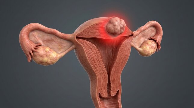 Uterus with fibroid tumor highlighted by red glow, showing reproductive anatomy