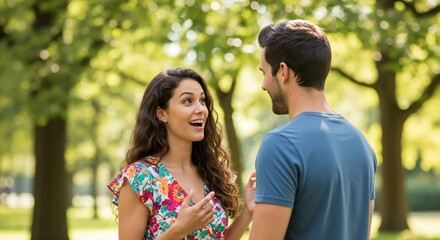 Obraz premium Happy Couple Sharing Joyful Conversations in a Green Park Setting