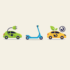 Fototapeta premium Eco-friendly transportation: electric car, scooter, and hybrid car