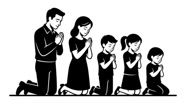 A Family in prayer with heads bowed down and hands together