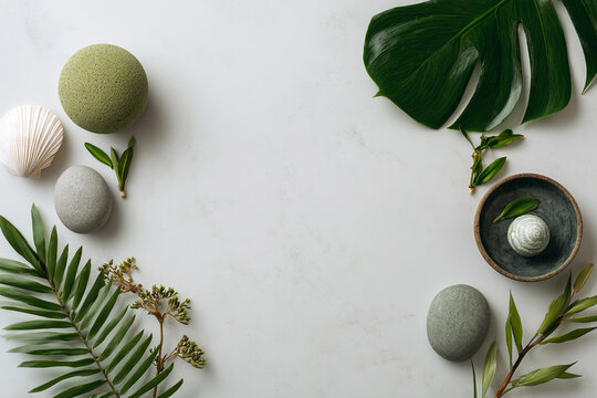 Minimal botanical flat lay with natural objects and copy space