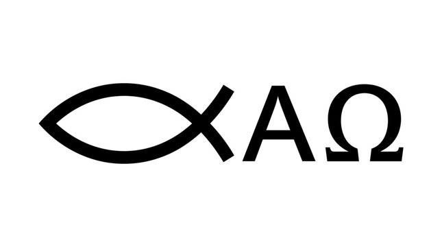 The Ichthys symbol with the Greek letters Alpha and Omega, a religious symbol representing the Christian faith