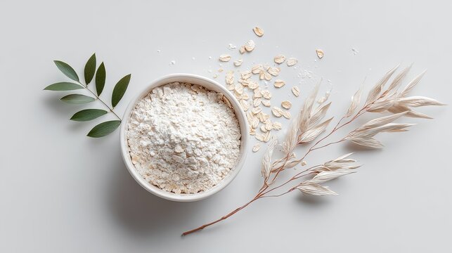 A white bowl filled with oat flour next to raw oats and a green leaf sprig placed on a flat light gray background surface