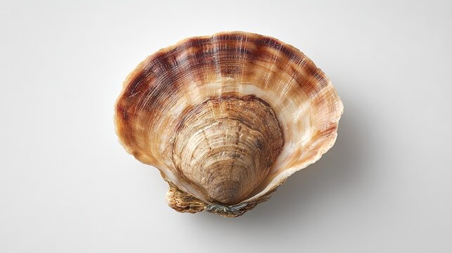 Single open brown oyster shell with textured surface lying on a plain white surface isolated in a centered composition