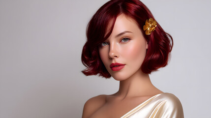 Naklejka premium Red bob beauty portrait, White woman model, Gold flower hair clip, Cream satin drape, Studio close up, Minimal background, Elegant vintage styling, Clean commercial beauty image