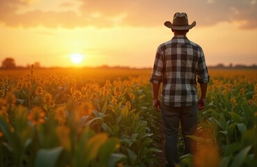 Fototapeta premium Man wearing cowboy hat walks through golden soybean field at sunset. Farmer surveys crop at dusk. Agriculture landscape at golden hour. Rural farm scene.