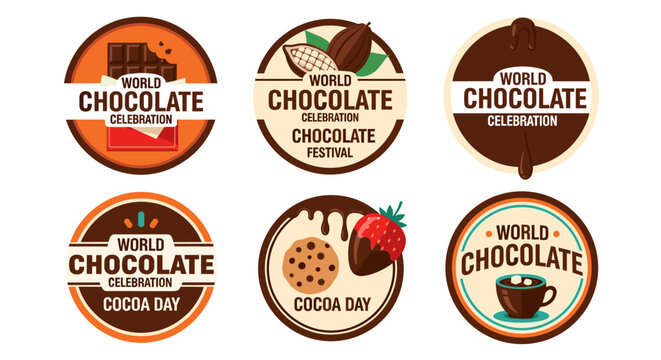 Set of six circular vector illustrations celebrate world chocolate day and cocoa day, featuring chocolate bars, cocoa beans, dripping chocolate, cookies, strawberries, and coffee