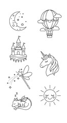 Fototapeta premium Magical Fantasy Elements: Unicorn, Dragon, Castle, Hot Air Balloon, Moon, Sun, Magic Wand