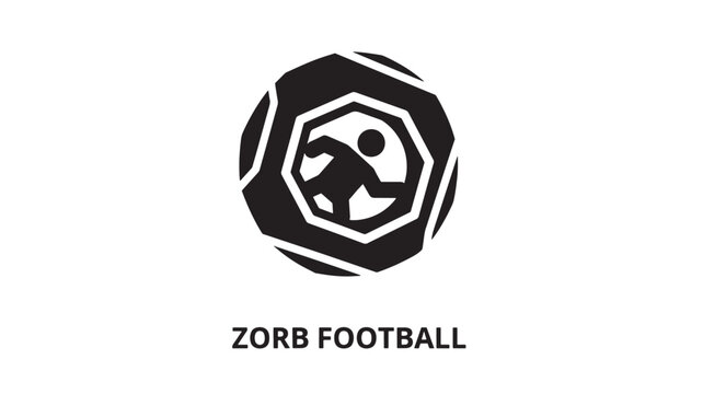 Minimalist black and white icon depicting a person playing football inside a circular zorb frame,.