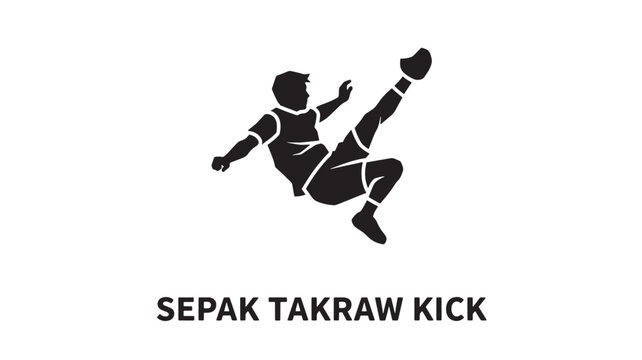 Silhouette of a person executing a dynamic sepak takraw kick with legs extended in a stylized motion, isolated on a plain white backdrop.