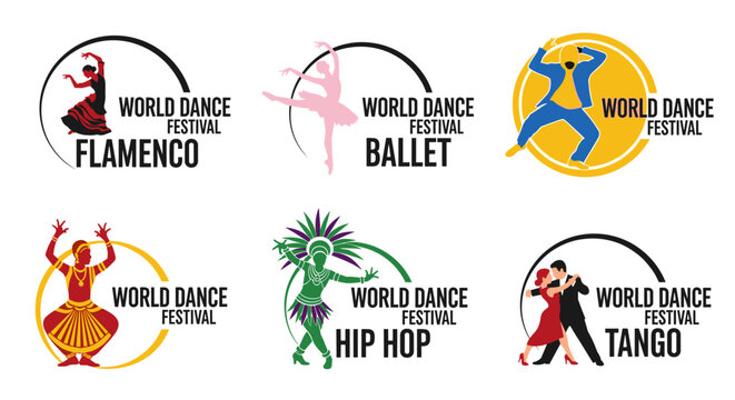 Vibrant collection of world dance festival logos showcasing diverse dance styles including flamenco, ballet, hip hop, tango, and other energetic performances, perfect for event