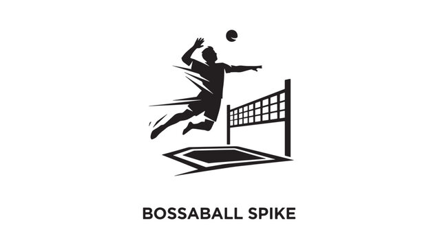 Bossaball Spike Sports Icon; Minimalist Vector Illustration of an Athlete Jumping from a Trampoline to Hit a Ball Over a Net for Professional Athletic Branding and Stock Asset Concepts