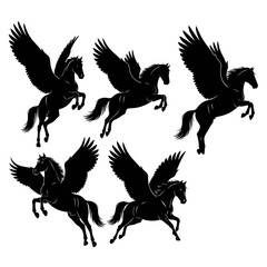 Obraz premium Mythical Pegasus Horses Silhouette Collection - Five Winged Creatures in Flight