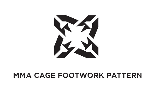 A black and white logo featuring a geometric pattern with the text MMA CAGE FOOTWORK PATTERN below it.