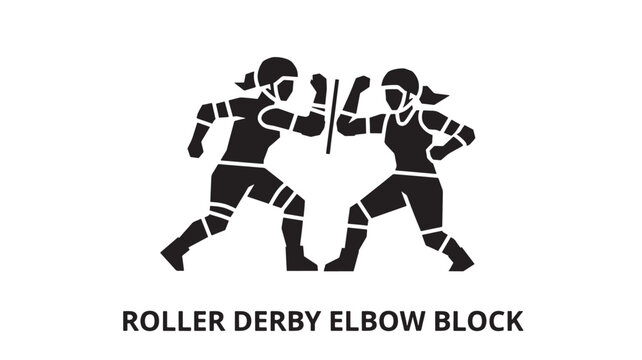 Black and white illustration of two roller derby athletes executing an elbow block maneuver during a match. Flat design style with minimal detail.