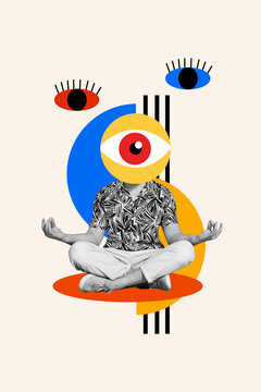 Sketch image 3d pop banner collage of anonym man instead head eyeball yoga hallucinations freemason lotus buddhism chakra