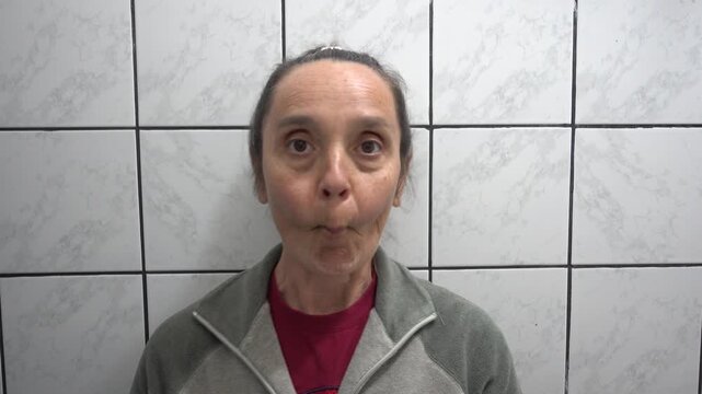 Kas, Turkey - 9 of February 2026: 4K Comic face expressions of middle-aged woman looking in the mirrow
