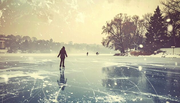 Winter Ice Skating Scene with Snowfall and Trees.