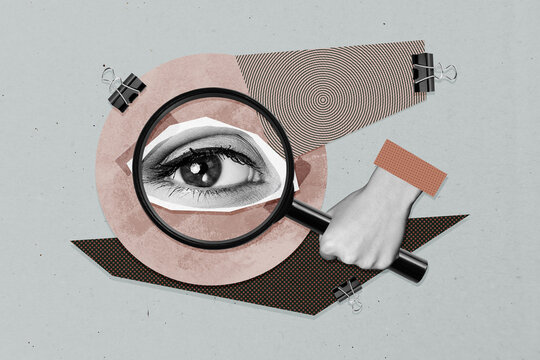 Creative full art image collage of hand hold magnifier zoom lens eyeball stare control freemason watch clip investigation