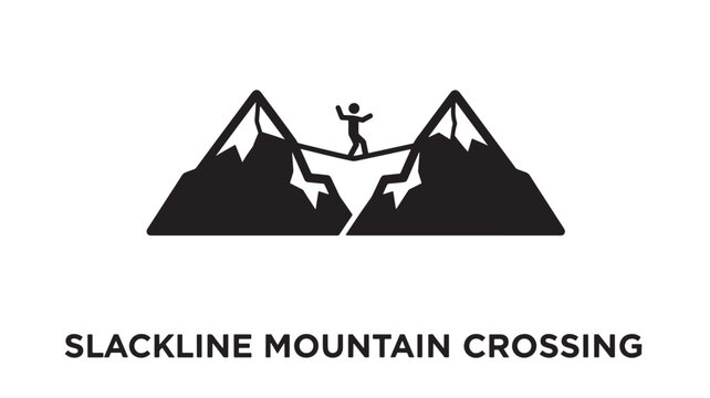 Slackline Mountain Crossing Icon; Minimalist Vector Illustration of an Athlete Balancing on a Highline Between Two Peaks for Extreme Sports Branding, Adventure, and Outdoor Activity Concepts