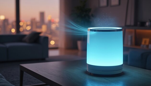 Modern air purifier glows blue on table in apartment at dusk. Clean air streams out in visible blue waves. City skyline visible through window.