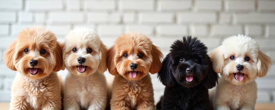 Five fluffy puppies sit side by side. Diverse breeds and colors, including cream, brown, and black. Their tongues hang out in happy anticipation, looking directly forward. Cute, adorable companions.