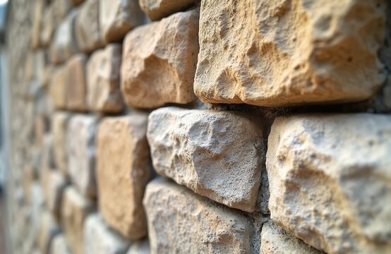 Close-up view of rough-hewn sillar stone blocks forming a wall. Natural light illuminates textured surface and mortar gaps. An architectural detail.