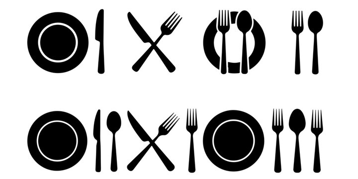 Restaurant cutlery icons with fork and knife in circular badges, silhouette and outline styles for food service dining menu and catering design isolated on white