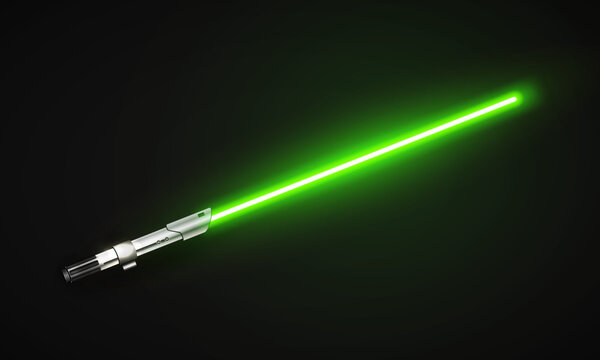New realistic design green neon sword isolated on dark grey background. Vector illustration