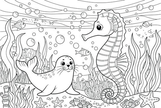 Charming black and white illustration of two ducks in a reedy environment