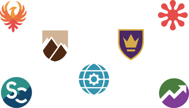Modern corporate logo collection of seven geometric abstract designs including phoenix globe mountain and starburst arranged in clean grid