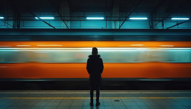 Lone person waits on subway platform as orange train speeds past at night. Motion blur effect shows fast transit through urban underground station. Blue neon lights illuminate dark scene.