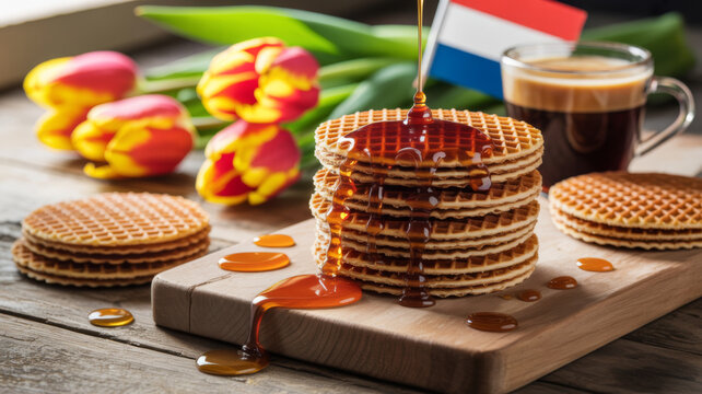 Stroopwafels with dripping caramel syrup and tulips Dutch flag traditional Holland scene