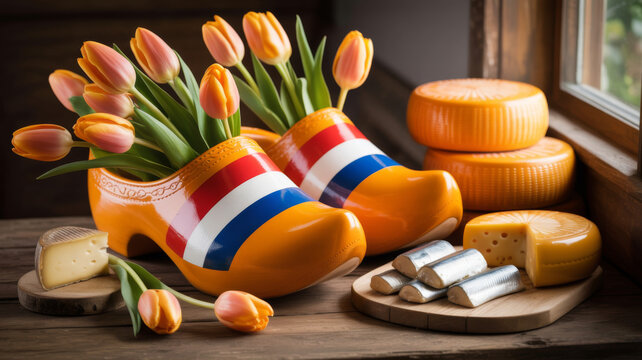 Traditional Dutch clogs with flag colors tulips and Gouda cheese Holland cultural symbols