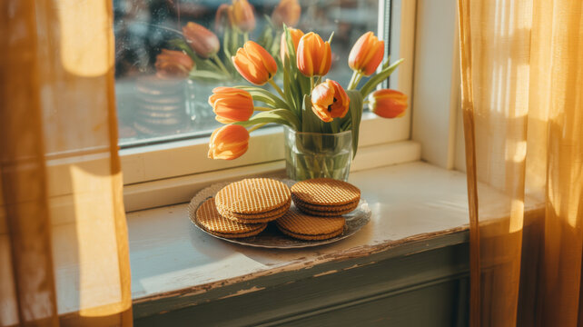 Orange tulips in glass vase with traditional Dutch stroopwafels on windowsill cozy setting