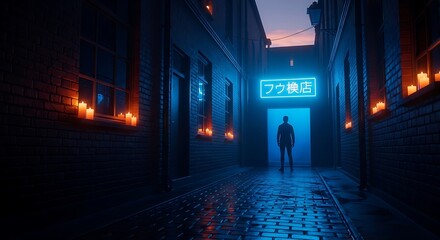 Naklejka premium A mysterious silhouette standing in a dimly lit narrow alleyway with blue neon sign.